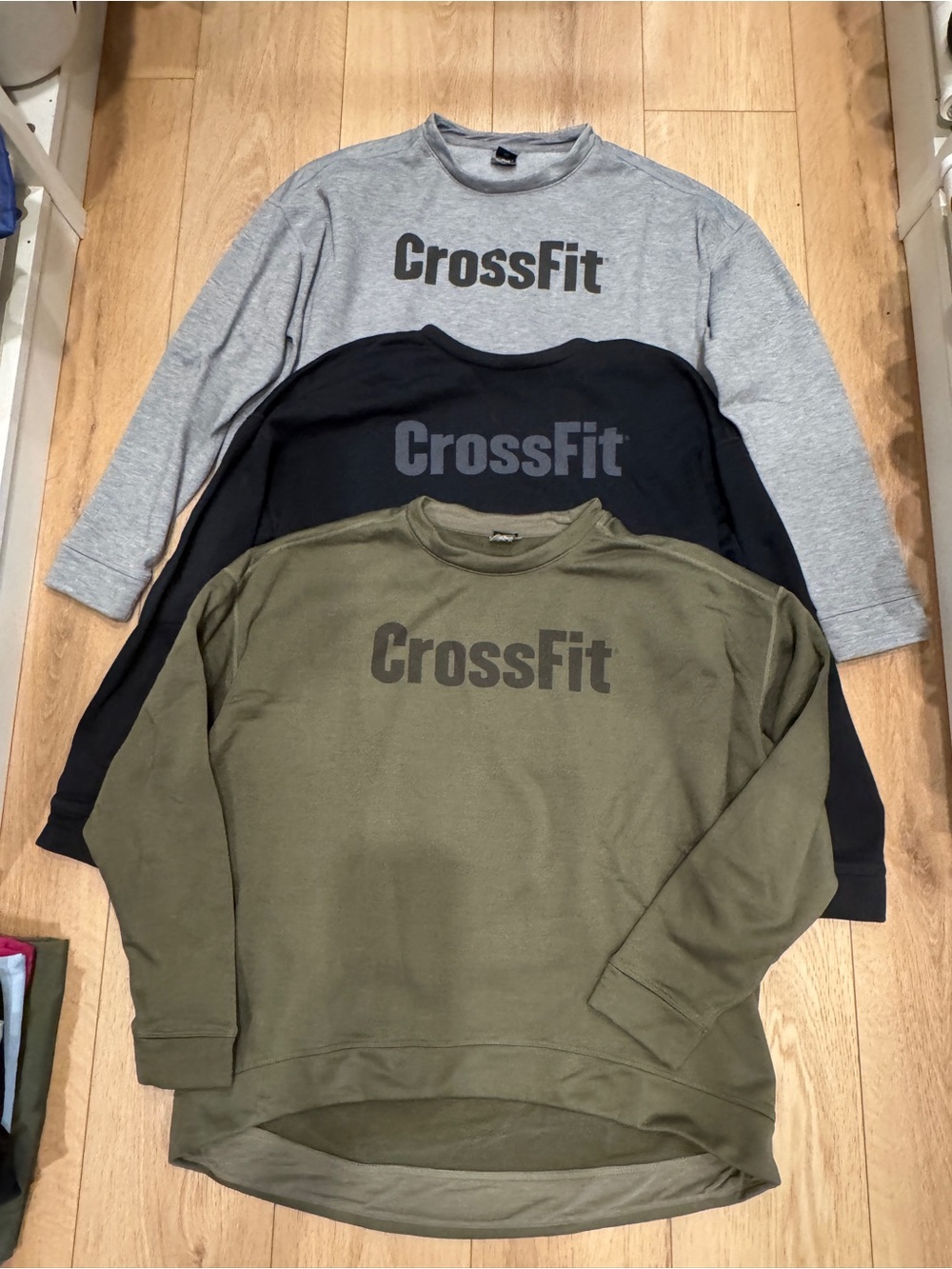 Three NOBULL CrossFit Crewneck Sweatshirt - Gray, Black, Olive (ladies)